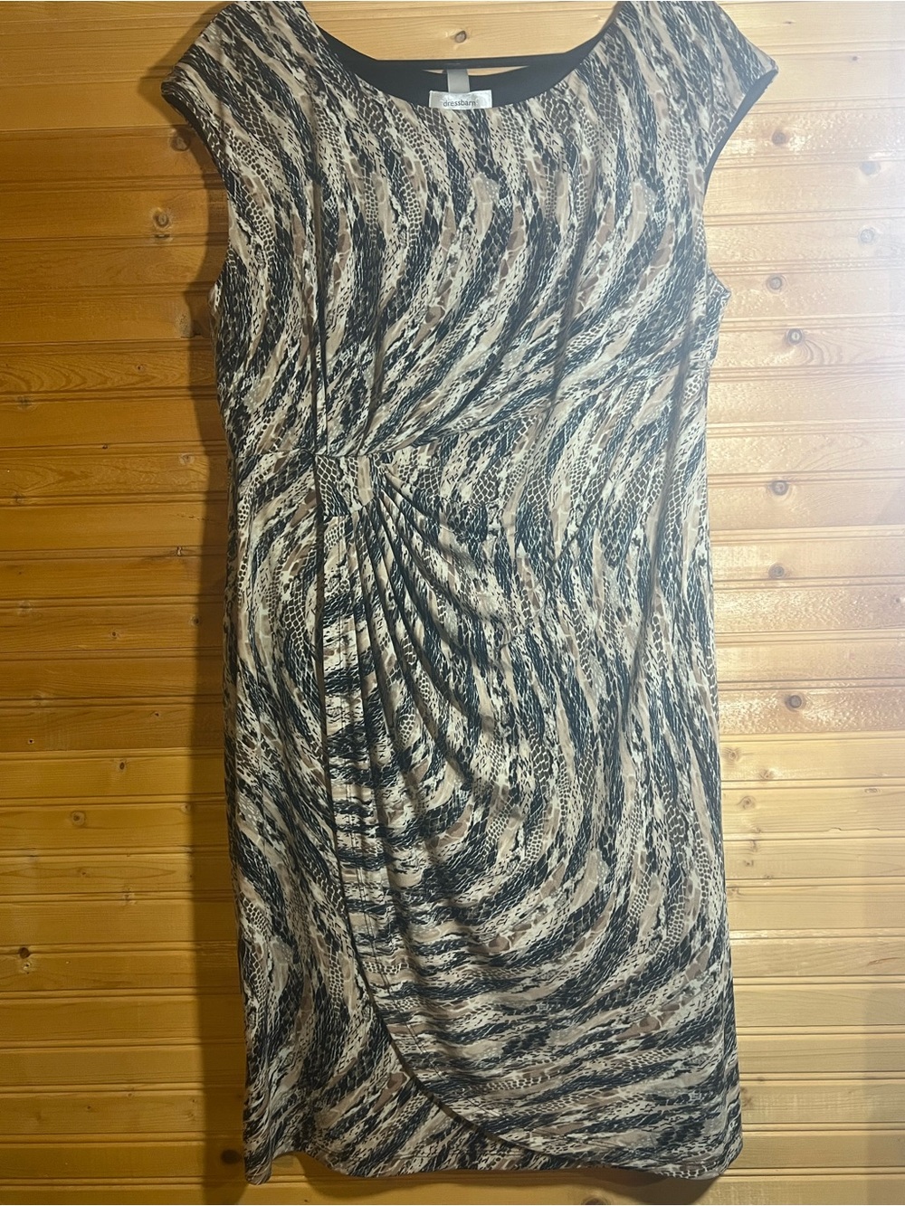 dressbarn Black and Beige Wave-Print Midi Dress